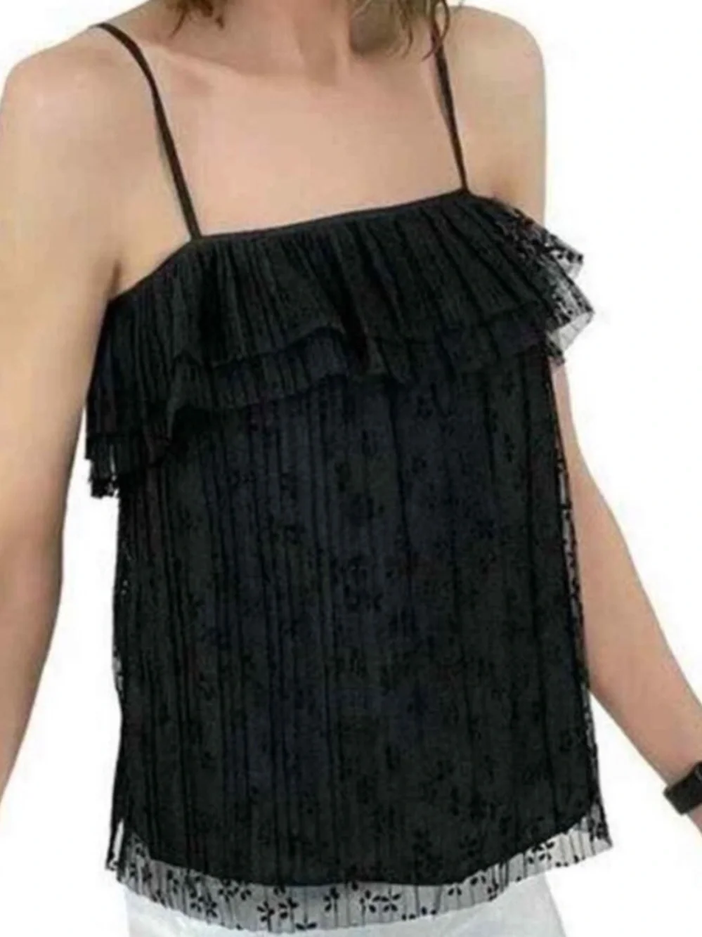 J.Crew Fluttery Lace Cami Sz XS $88 Black Tulle Mesh Top Ruffled Tank Whimsigoth